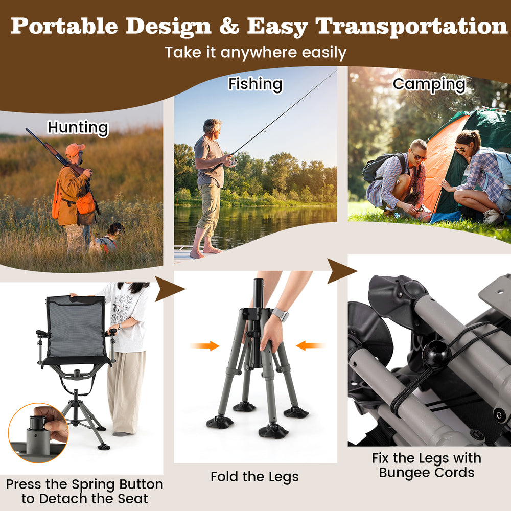 360° swivel portable hunting chair in black with adjustable legs and armrests, ideal for outdoor activities like.