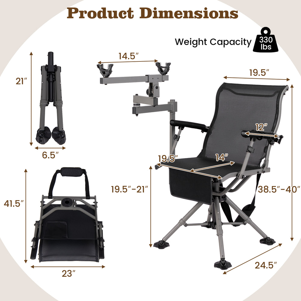 360° swivel portable hunting chair dimensions with adjustable legs, armrests, and gun holder for outdoor activities.