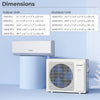 Dimensions chart for 36000 BTU 3 Zone Mini Split Air Conditioner with Wifi, showcasing indoor and outdoor unit sizes.