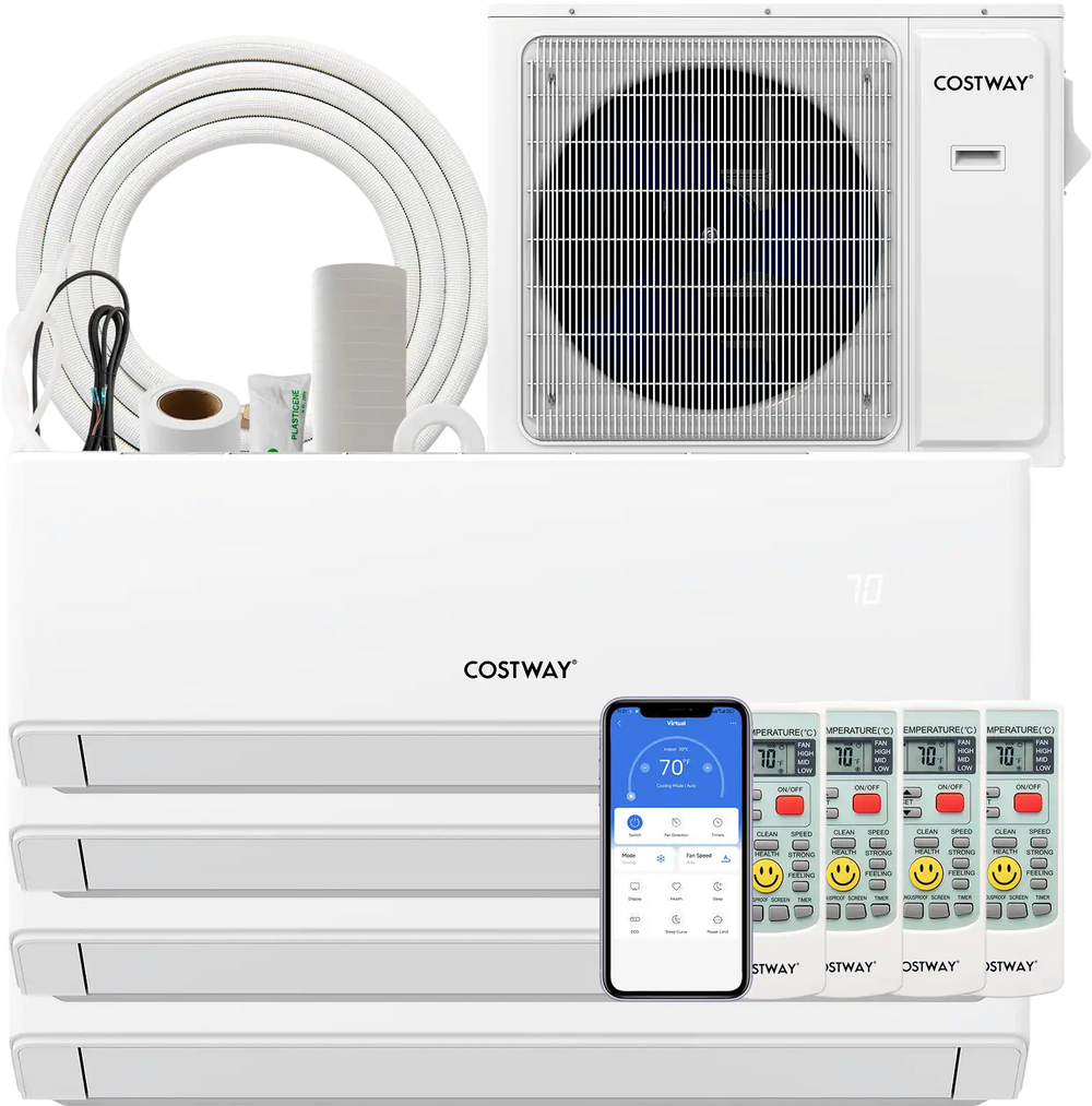 36000 BTU 4 zone mini split air conditioner with heat pump, WiFi enabled, featuring multiple modes and energy-efficient.