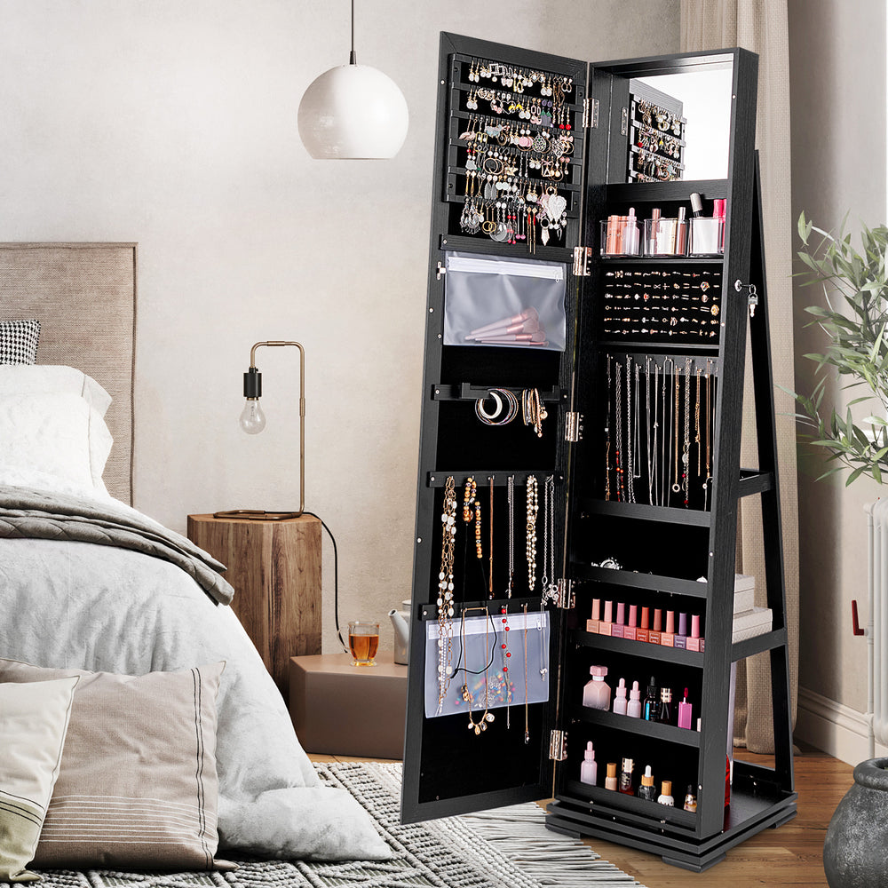 360° Rotatable 2-in-1 Lockable Jewelry Cabinet with Full-Length Mirror-Black - Gallery View 1 of 9