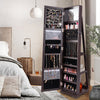 Dark brown 360° rotatable jewelry cabinet with full-length mirror, featuring multiple storage options and lockable.