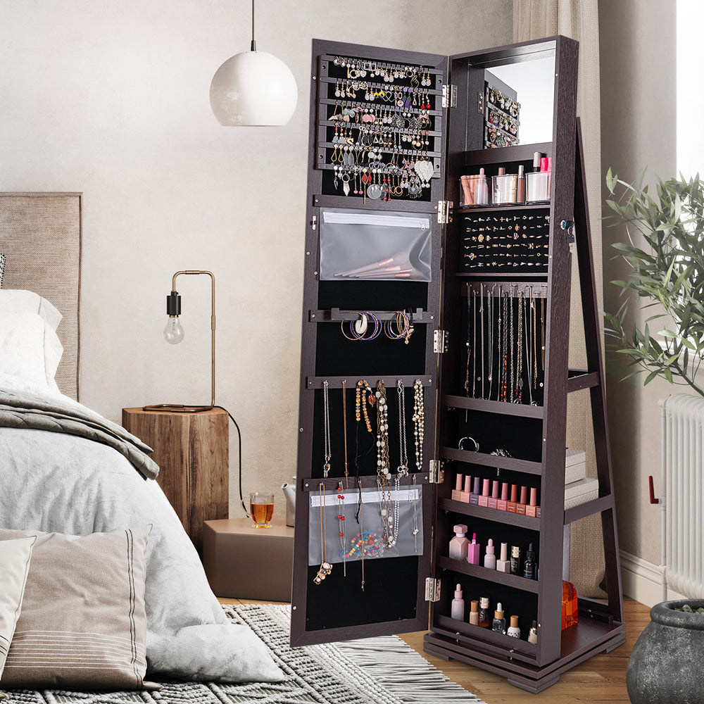 Dark brown 360° rotatable jewelry cabinet with full-length mirror, featuring multiple storage options and lockable.