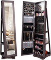 360° rotatable dark brown jewelry cabinet with full-length mirror, lockable design, and ample storage for accessories.