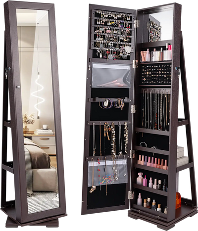 Costway 360° Rotating 2-in-1 Lockable Jewelry Cabinet Full-Length Mirror 80296154 New