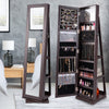 Dark brown 360° rotatable jewelry cabinet with full-length mirror, featuring ample storage for jewelry and cosmetics.