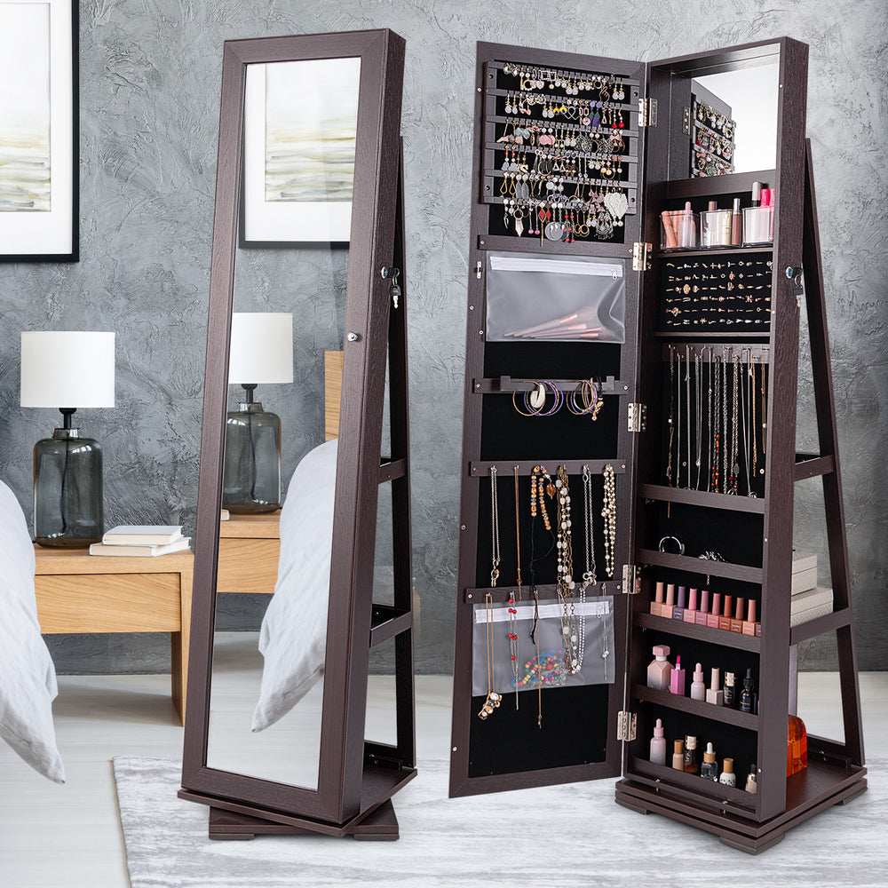 Dark brown 360° rotatable jewelry cabinet with full-length mirror, featuring ample storage for jewelry and cosmetics.