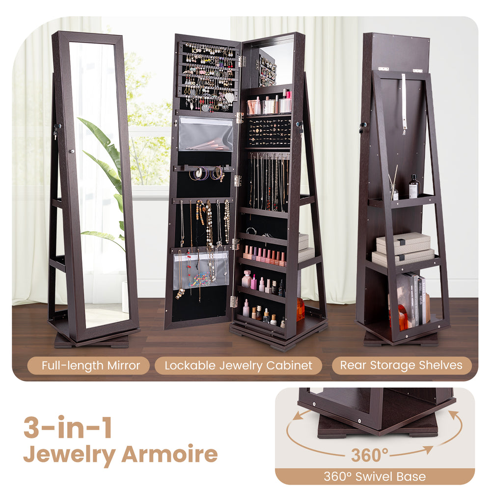 360° rotating dark brown jewelry cabinet with full-length mirror, lockable design, and ample storage for jewelry and.