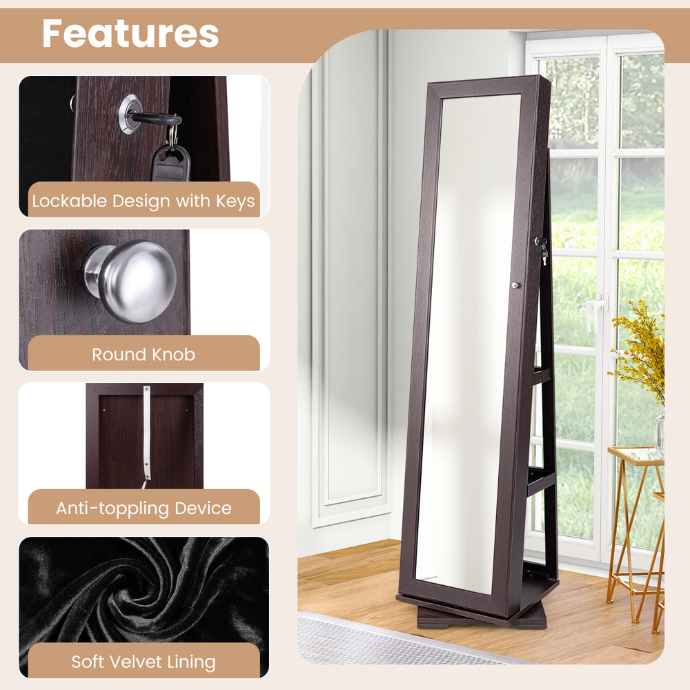 360° rotatable lockable jewelry cabinet with full-length mirror, dark brown finish, featuring soft velvet lining and.