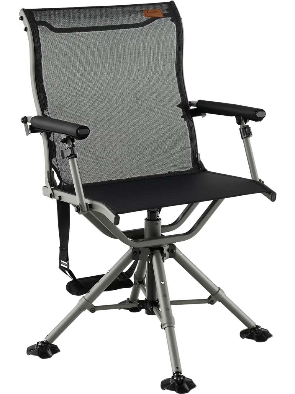360-degree silent swivel hunting chair in black with adjustable height and breathable fabric for comfortable outdoor.