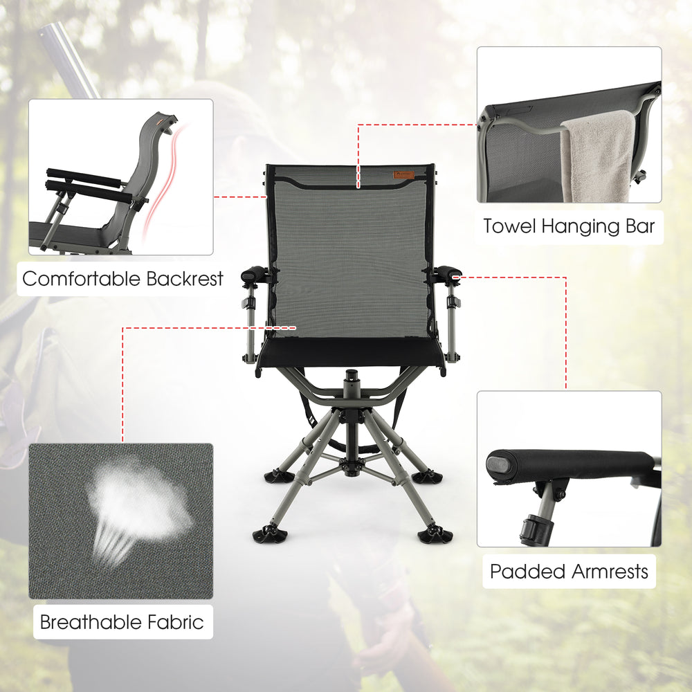 360-degree silent swivel hunting chair in black with breathable fabric, adjustable armrests, and comfortable backrest.