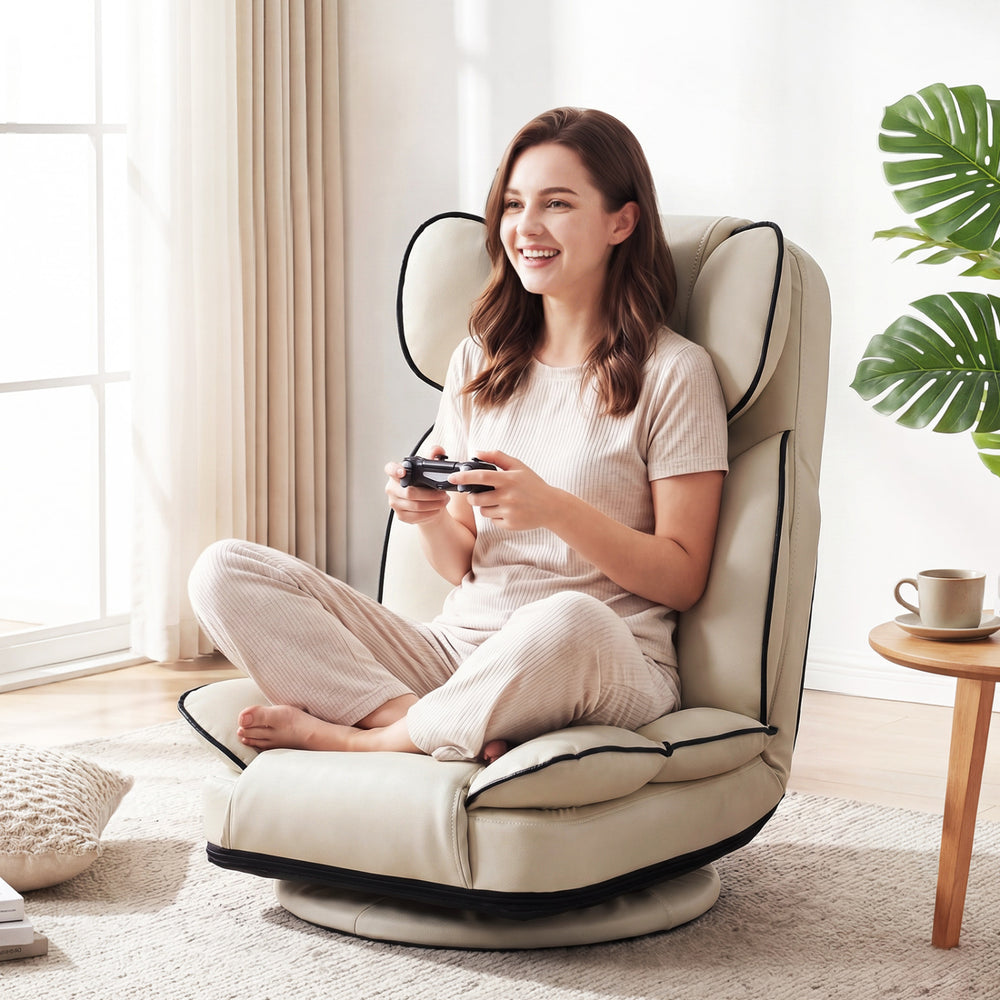 360 Degree Swivel Floor Gaming Chair with 6-Position Adjustable Backrest and Sponge Filling-Beige - Gallery View 1 of 11