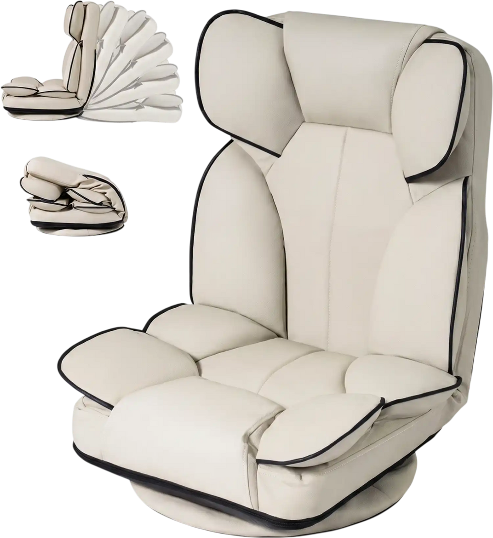 360° swivel floor gaming chair in cream PU leather with adjustable backrest for gaming, reading, and relaxing.