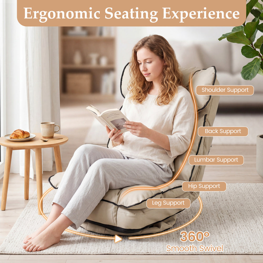 360° swivel floor gaming chair with adjustable backrest, sponge filling, and ergonomic support for reading and relaxing.