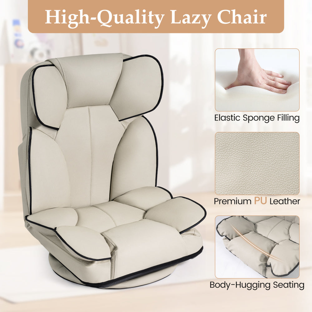 360° swivel floor gaming chair in beige with elastic sponge filling and adjustable backrest for comfortable lounging.