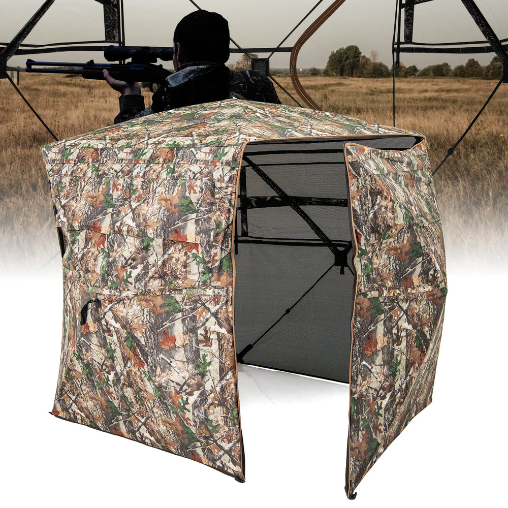 360° one-way see-through hunting blind with camouflage pattern, featuring multiple windows and easy access doors for.