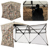 360° one-way see-through hunting blind with camouflage pattern, featuring multiple windows and portable carrying bag.