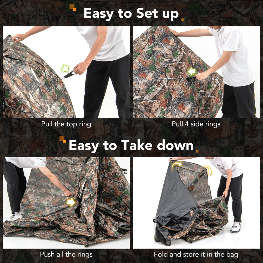 360° one way see-through ground hunting blind with camouflage pattern, easy setup, and 4 sliding windows for hunting.