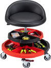 Mechanic stool featuring a black padded seat and sturdy construction, with two red tool storage trays for easy organization.