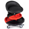 360° rolling mechanic stool with adjustable height, padded seat, and two removable tool storage trays in red and black.