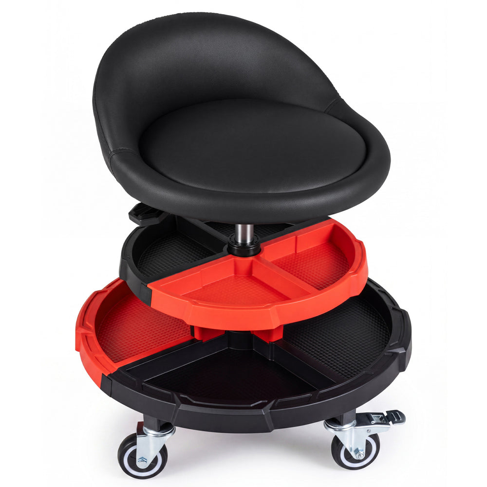 360° rolling mechanic stool with adjustable height, padded seat, and two removable tool storage trays in red and black.