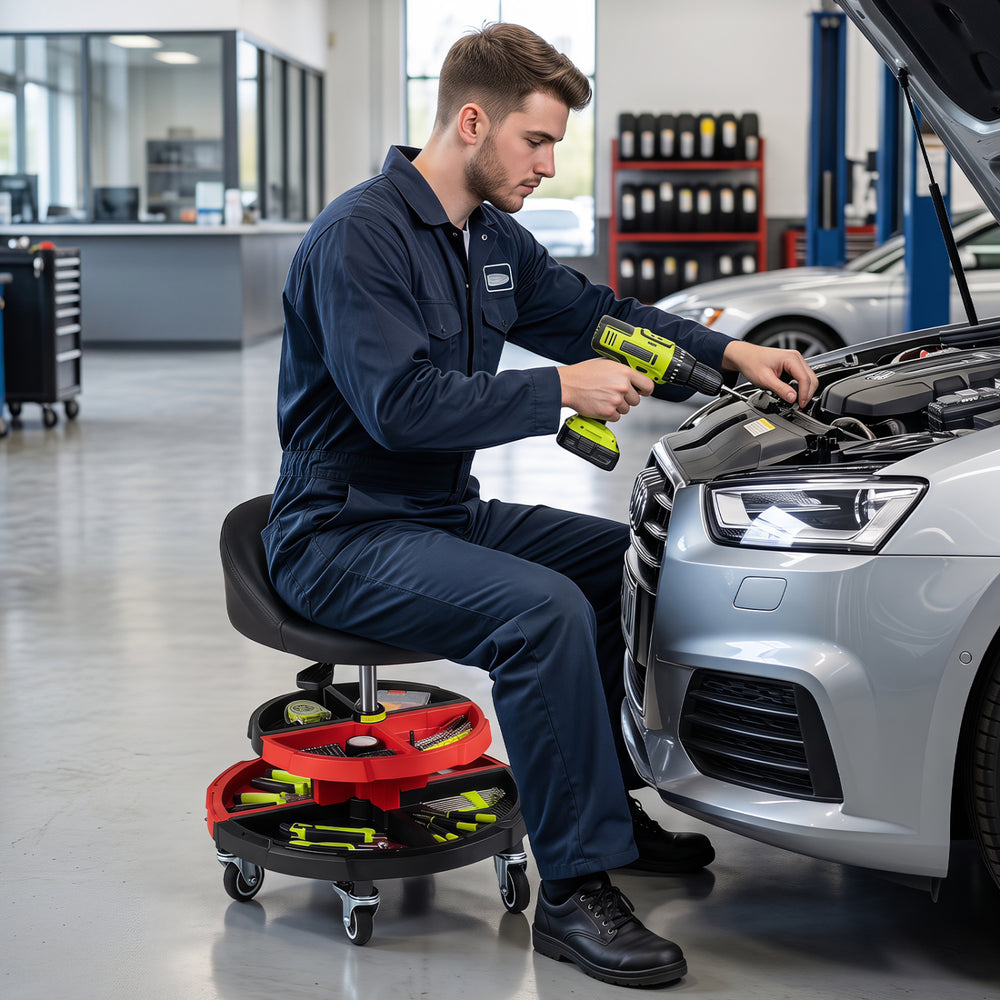 360° rolling mechanic stool with adjustable height, padded seat, and two removable tool storage trays for convenient use.