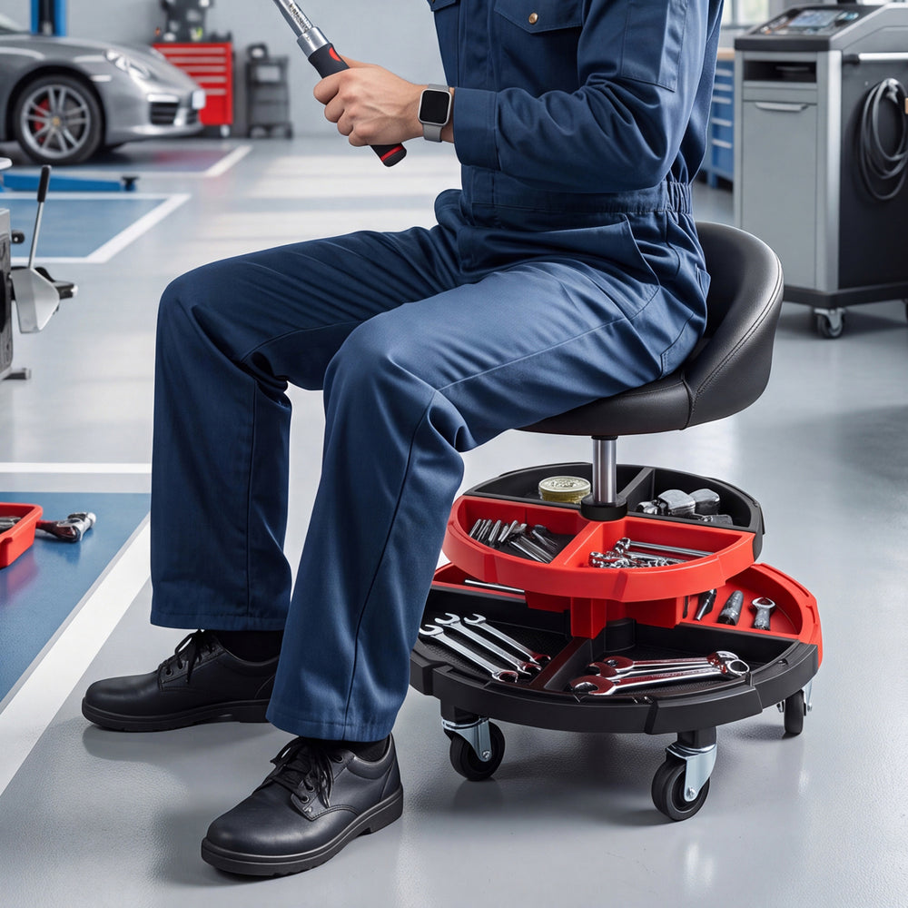Mechanic stool with a padded backrest, 360° rotation, and two tool storage trays, ideal for easy movement and access.