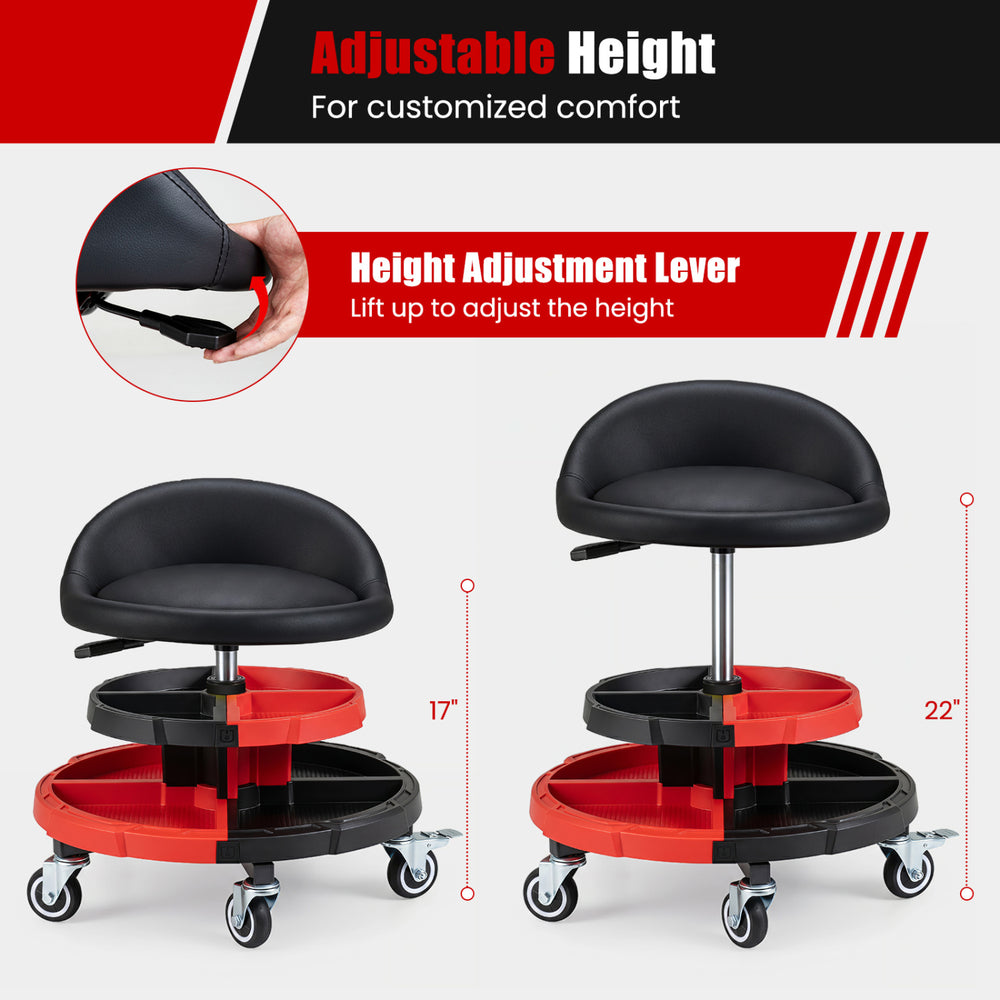 Mechanic stool with a height adjustment lever, soft padded seat, and two tool storage trays for versatile use in red.