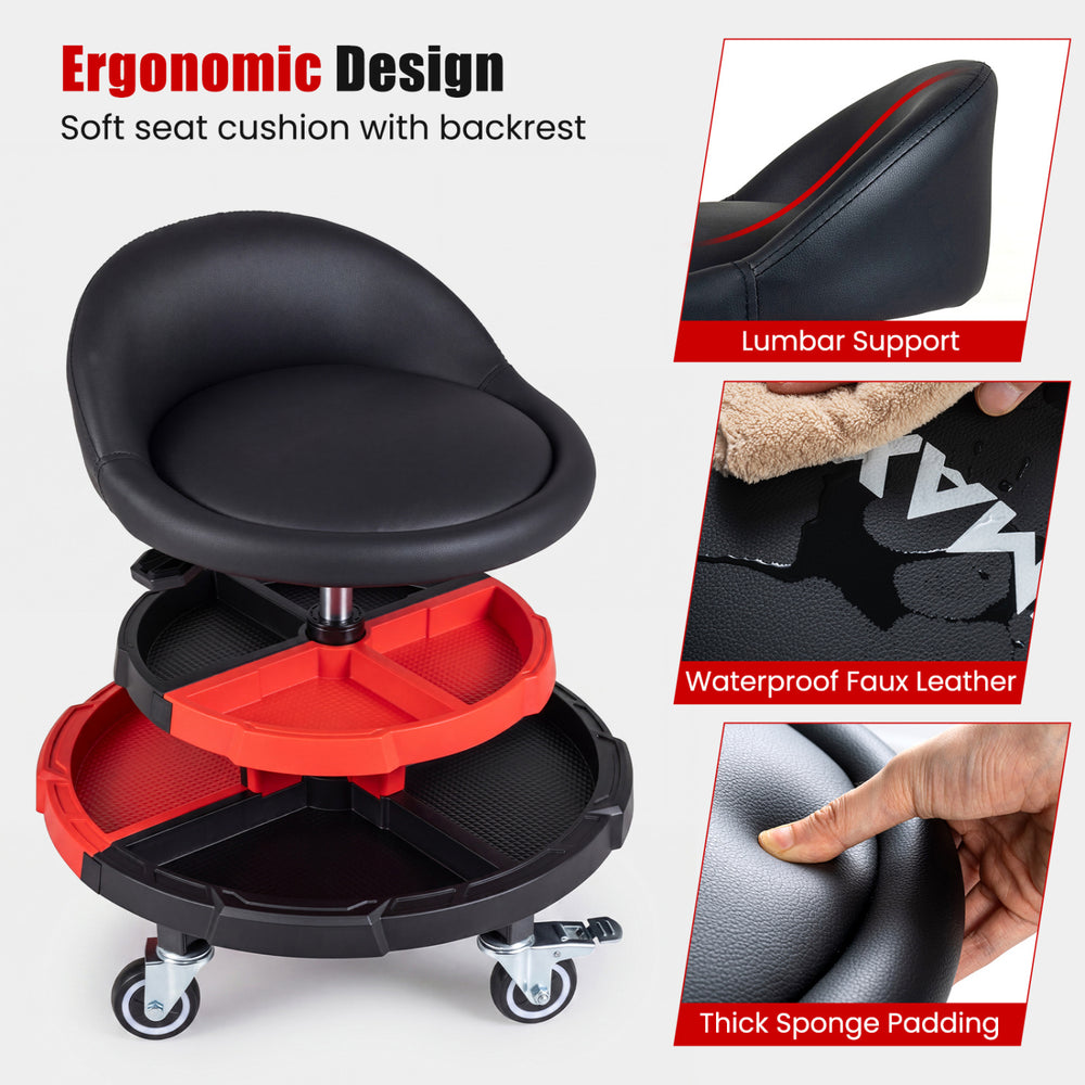 360° rolling mechanic stool with adjustable height, soft padded seat, and two tool storage trays for convenience.