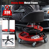 360° rolling mechanic stool in red with adjustable height, padded seat, and two tool storage trays for convenience.