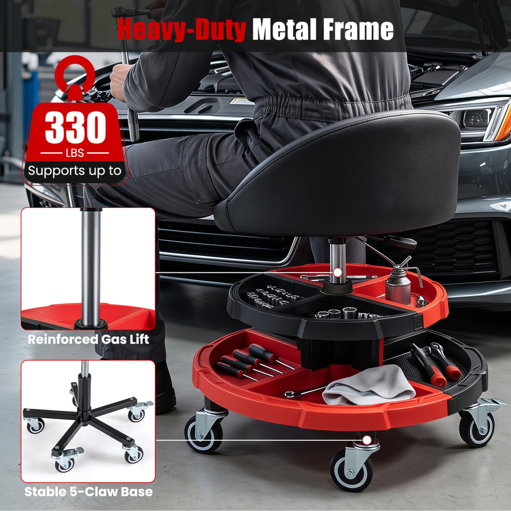 360° rolling mechanic stool in red with adjustable height, padded seat, and two tool storage trays for convenience.