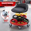 360° rolling mechanic stool in red with adjustable height, padded seat, and two removable tool storage trays for convenience.