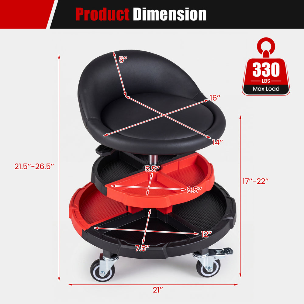 360° rolling mechanic stool with adjustable height, soft padded seat, and two removable tool storage trays in red.