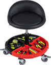 360° rolling mechanic stool in red with tool storage tray, adjustable height, and padded seat for comfort.