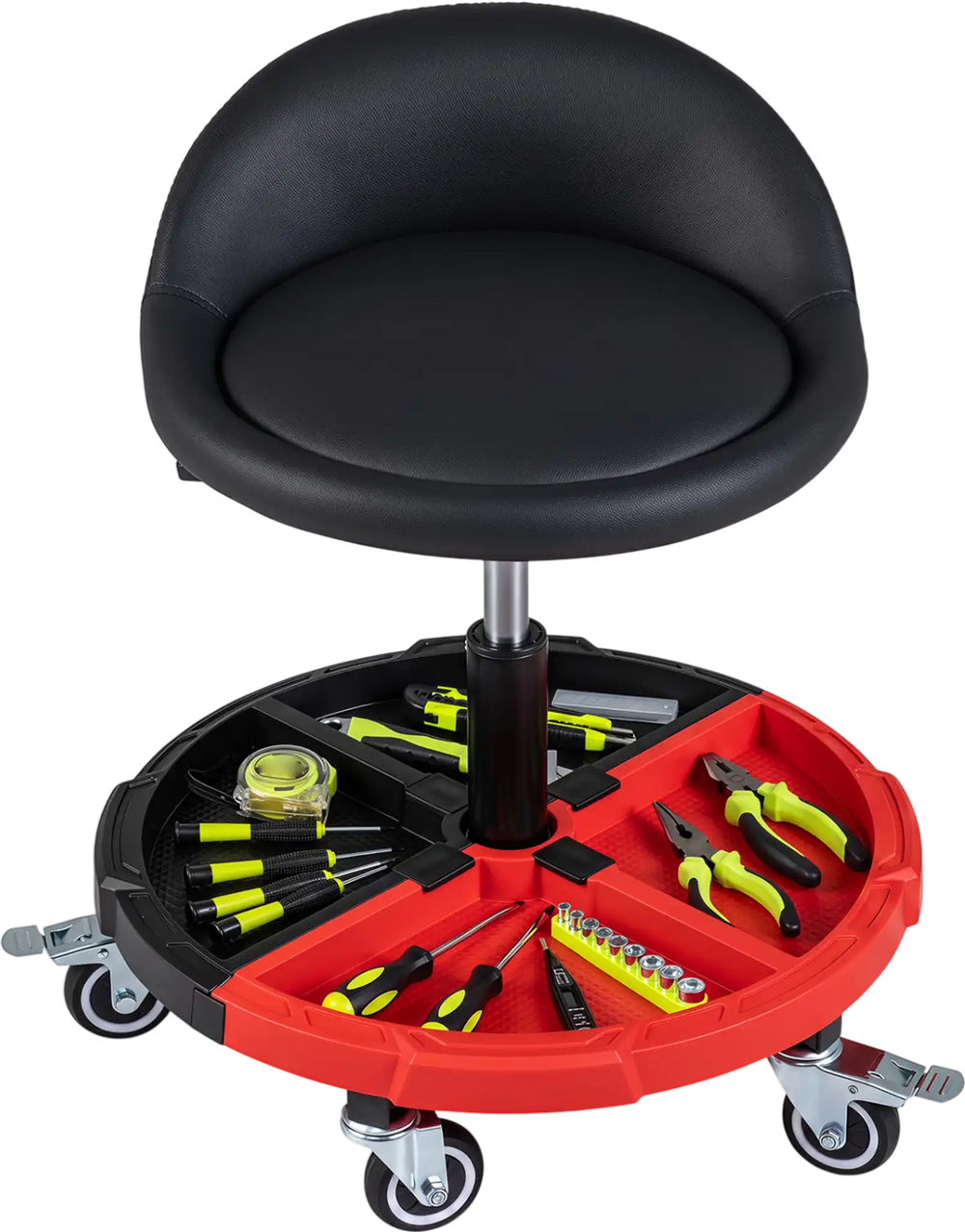 360° rolling mechanic stool in red with tool storage tray, adjustable height, and padded seat for comfort.