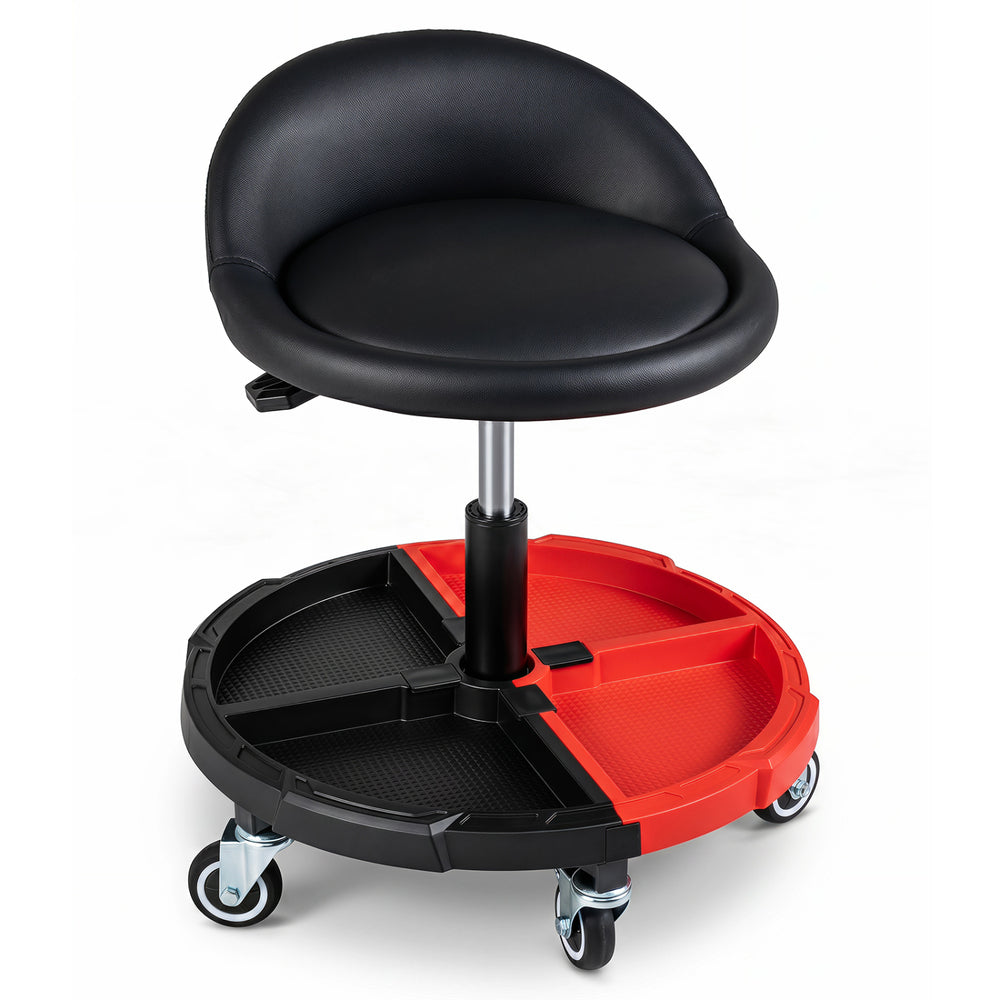 360° rolling mechanic stool with adjustable height, padded seat, and removable tool storage tray in red and black.