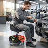 360° rolling mechanic stool with adjustable height, soft padded seat, and tool storage tray for garage use.