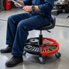 Mechanic stool with a padded seat and adjustable height, featuring a red tool storage tray for easy organization.