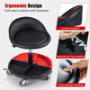360° rolling mechanic stool with adjustable height, soft padded seat, and removable tool storage tray for convenience.