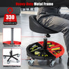 360° rolling mechanic stool with adjustable height, padded seat, and tool storage tray in red for versatile use.