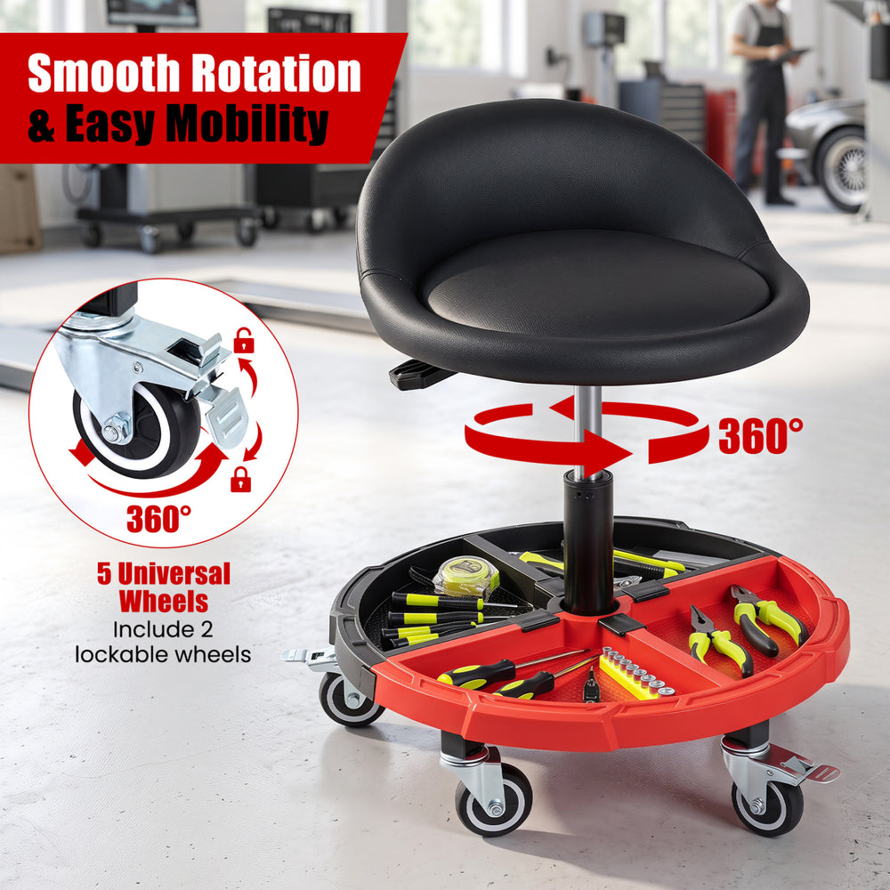 360° rolling mechanic stool in red with adjustable height, padded seat, and removable tool storage tray for convenience.