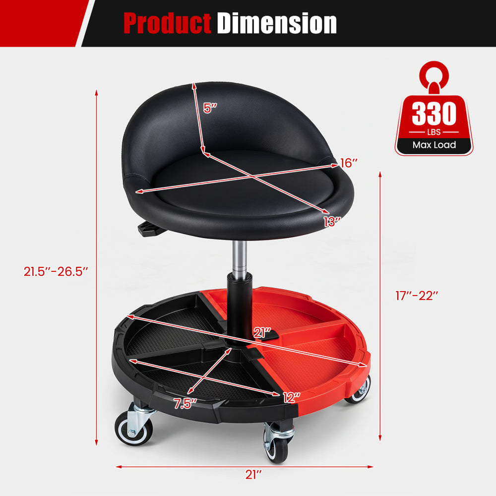 Adjustable 360° rolling mechanic stool in red with a padded seat, tool storage tray, and heavy-duty construction for 330 lbs capacity.