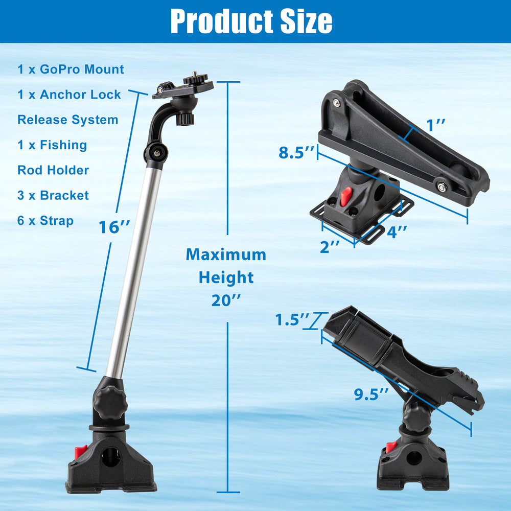 360° rotatable GoPro mount and fishing rod holder set, adjustable height up to 20", ideal for kayaks and fishing boats.
