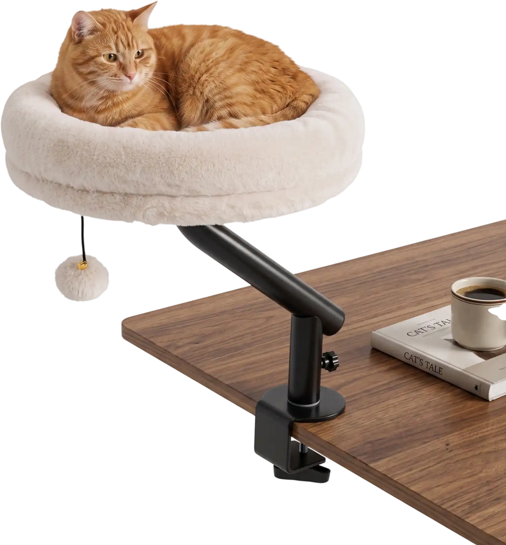 Cozy 360° rotating cat desk bed with removable perch, padded fabric, and clamp mount for indoor cats up to 55 lbs.