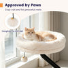Cozy 360° rotating cat desk bed in white with fluffy fabric, removable perch, and dangling bell toy for playful naps.