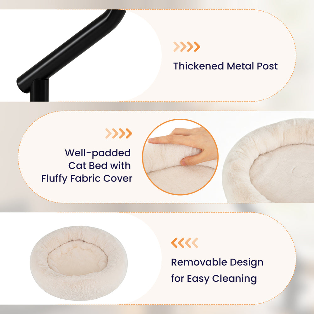 Well-padded white cat bed with fluffy fabric cover and thickened metal post, designed for easy cleaning and cozy naps.