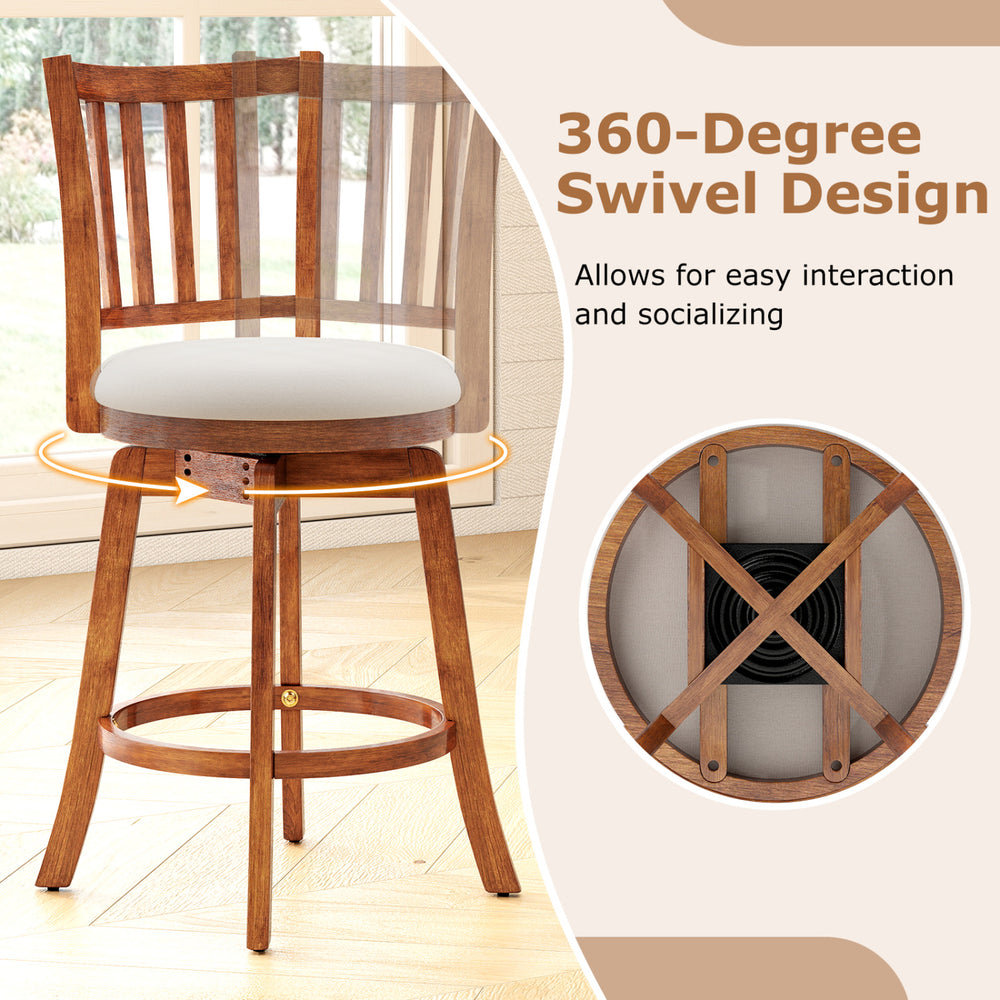 360° rotating counter height chair with upholstered seat and backrest, solid rubberwood construction for kitchen or bar.