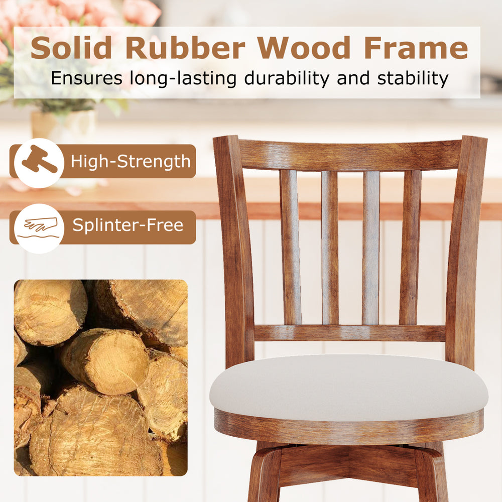 360° rotating counter height chair with solid rubber wood frame and upholstered seat, perfect for kitchen or bar use.