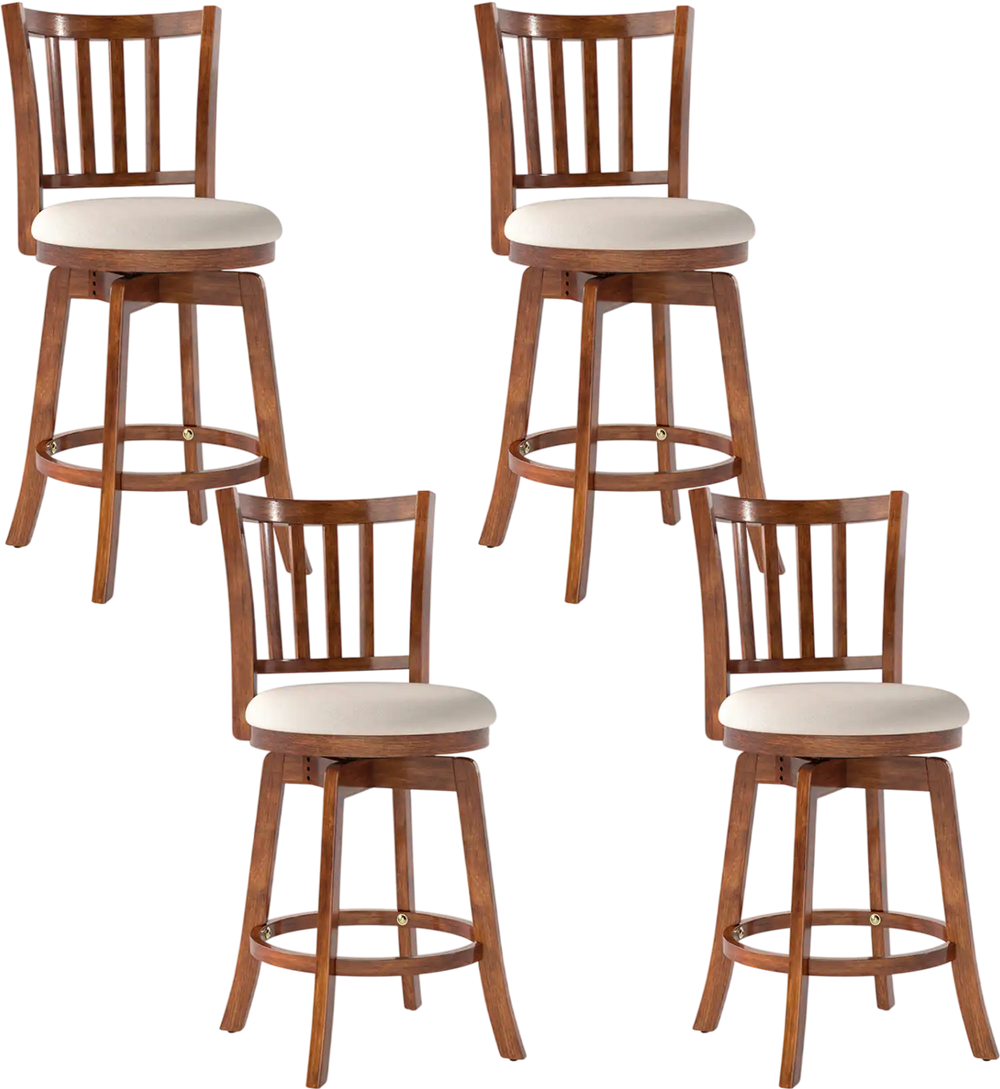 Set of 4 rotating counter height chairs with backrest, upholstered seat, and solid rubberwood construction for kitchen.