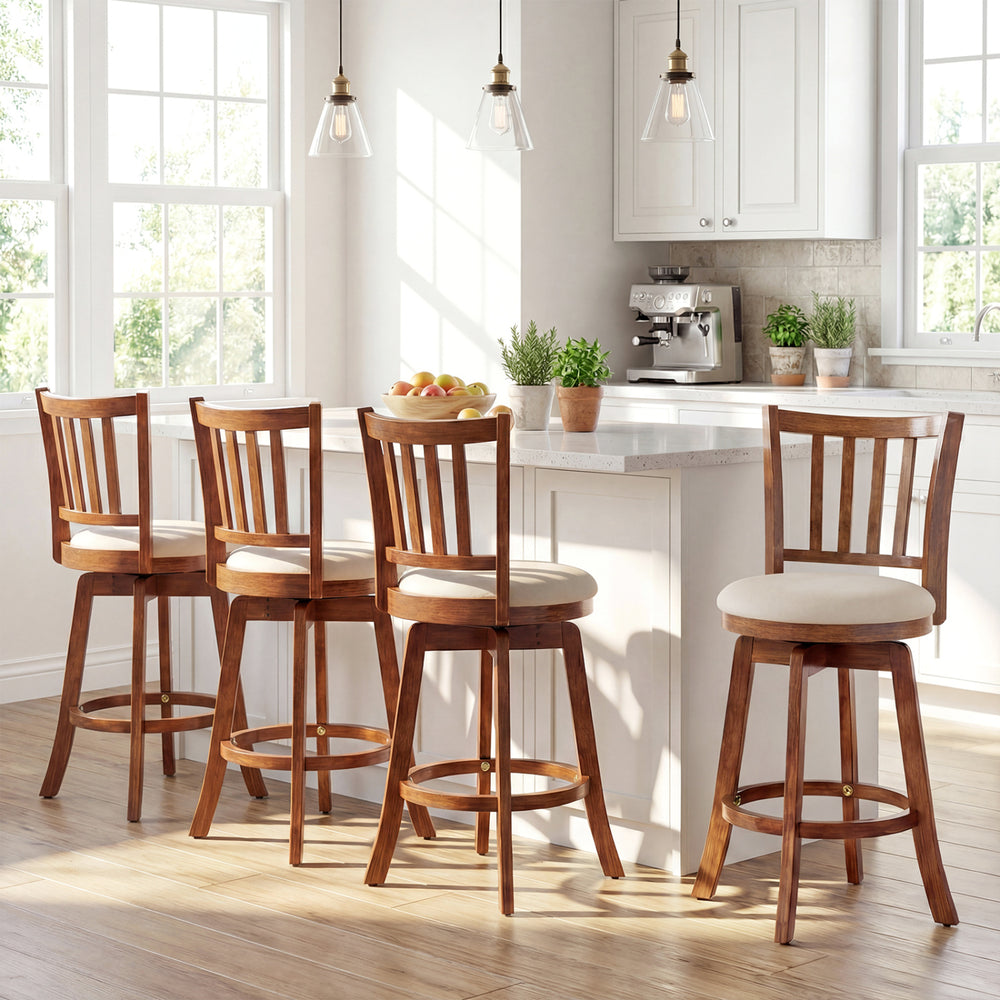 Set of 4 360° rotating counter height chairs with upholstered seats and backrests, perfect for kitchen or bar use.